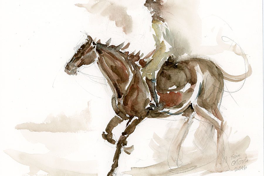 Horse and rider watercolor by Erin O'Toole.